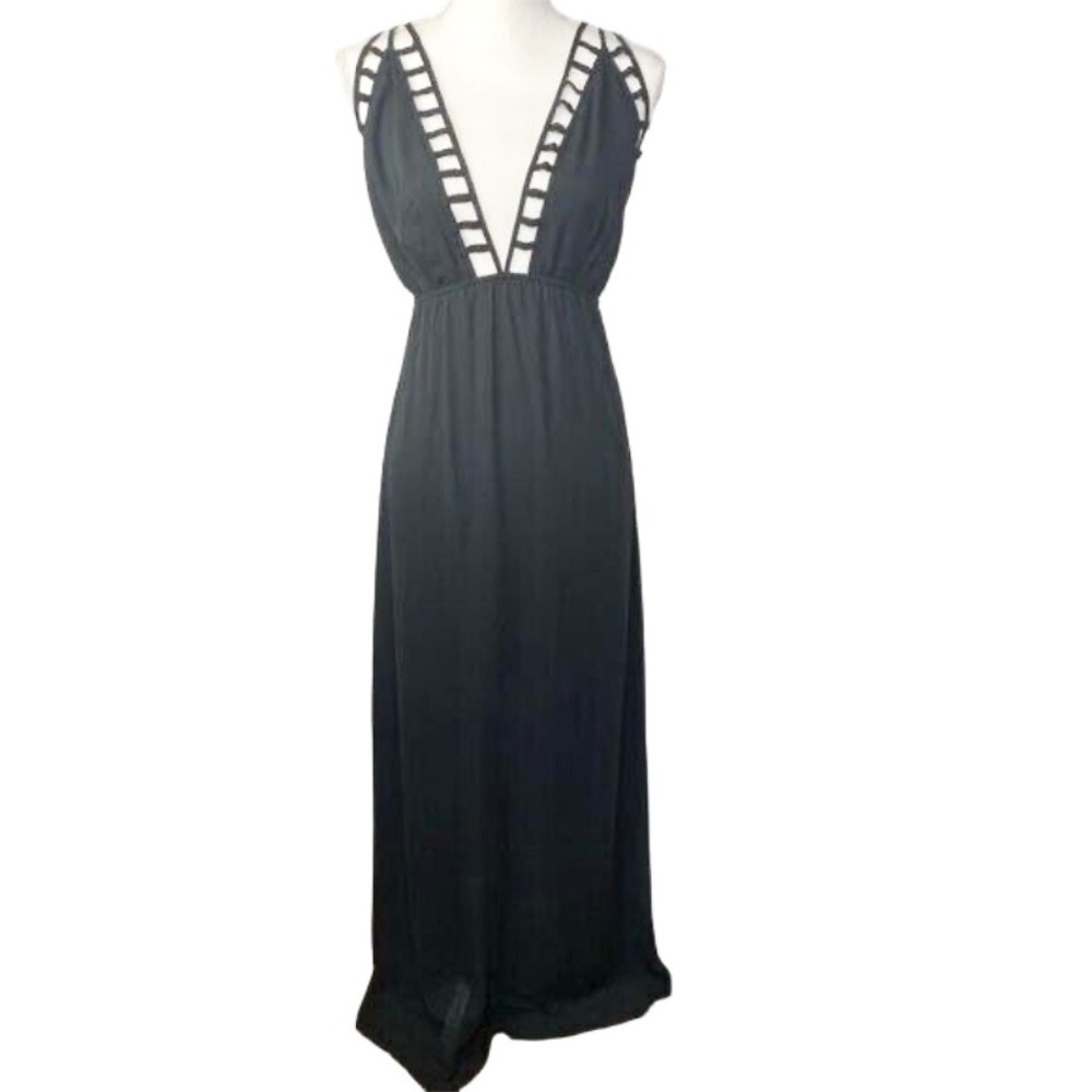 Foreign Exchange Ladder Trim Open Back Maxi Dress Women M Black